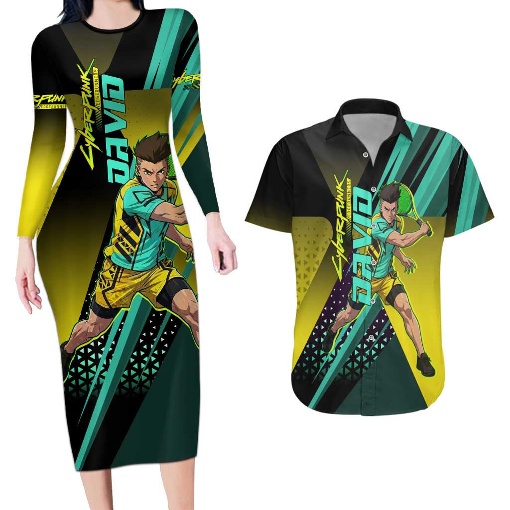 Personalized David Tennis Design Couples Matching Long Sleeve Bodycon Dress and Hawaiian Shirt with a Cyberpunk Theme, Edgerunners Features Neon Green and Yellow Styling and a Powerful Pose