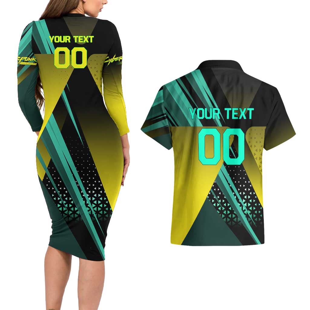 Personalized David Tennis Design Couples Matching Long Sleeve Bodycon Dress and Hawaiian Shirt with a Cyberpunk Theme, Edgerunners Features Neon Green and Yellow Styling and a Powerful Pose