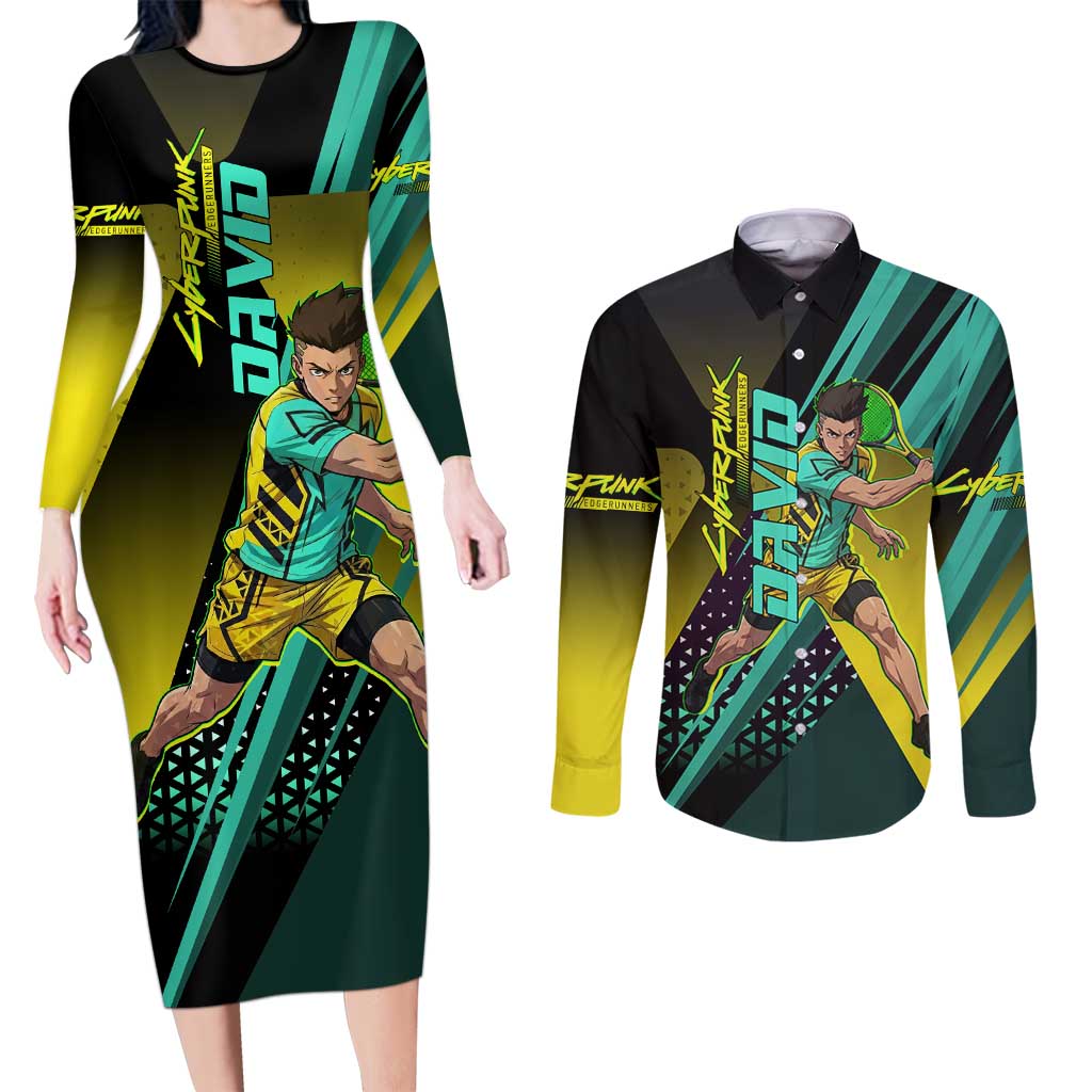 Personalized David Tennis Design Couples Matching Long Sleeve Bodycon Dress and Long Sleeve Button Shirt with a Cyberpunk Theme, Edgerunners Features Neon Green and Yellow Styling and a Powerful Pose