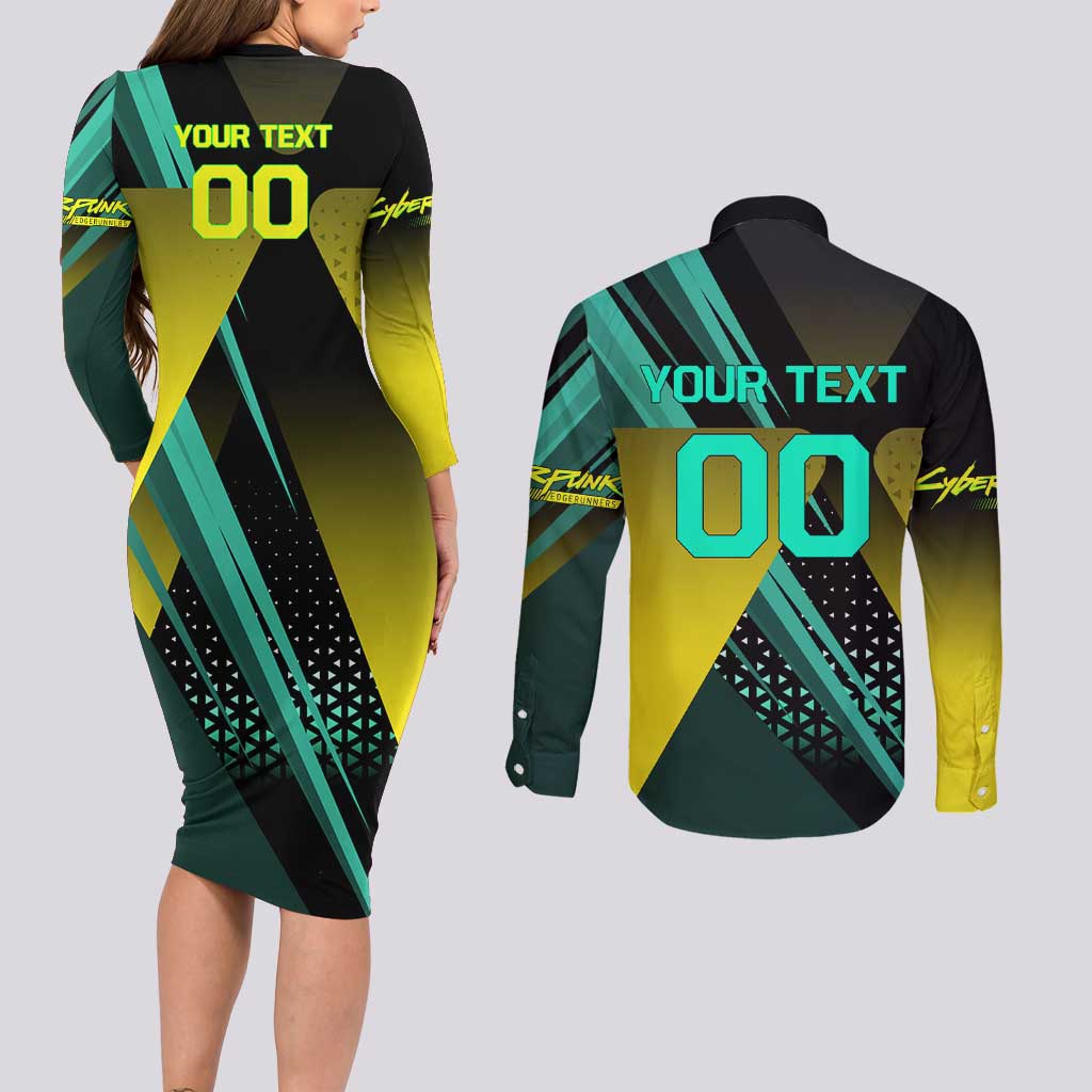Personalized David Tennis Design Couples Matching Long Sleeve Bodycon Dress and Long Sleeve Button Shirt with a Cyberpunk Theme, Edgerunners Features Neon Green and Yellow Styling and a Powerful Pose