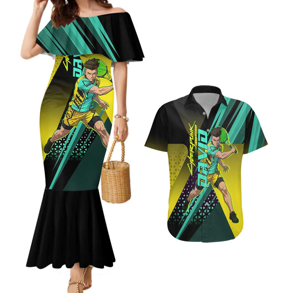 Personalized David Tennis Design Couples Matching Mermaid Dress and Hawaiian Shirt with a Cyberpunk Theme, Edgerunners Features Neon Green and Yellow Styling and a Powerful Pose