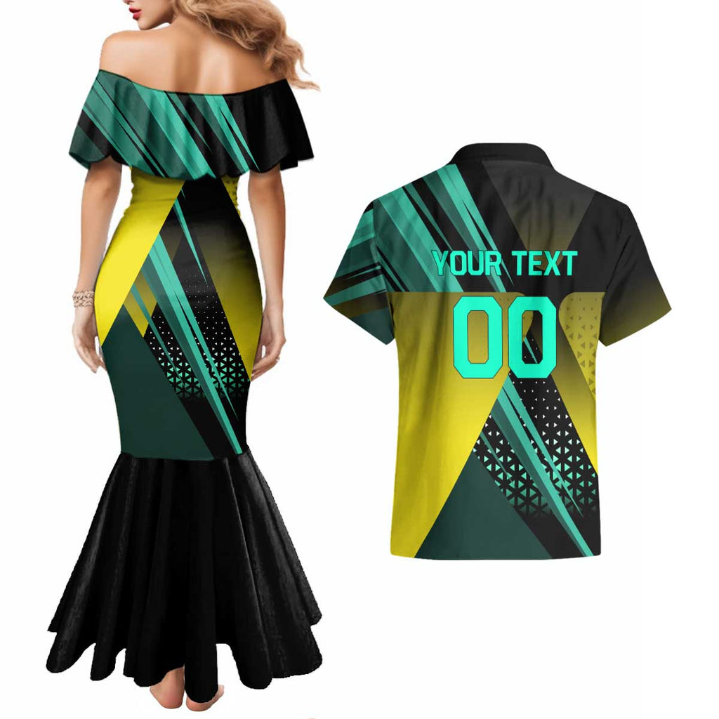 Personalized David Tennis Design Couples Matching Mermaid Dress and Hawaiian Shirt with a Cyberpunk Theme, Edgerunners Features Neon Green and Yellow Styling and a Powerful Pose