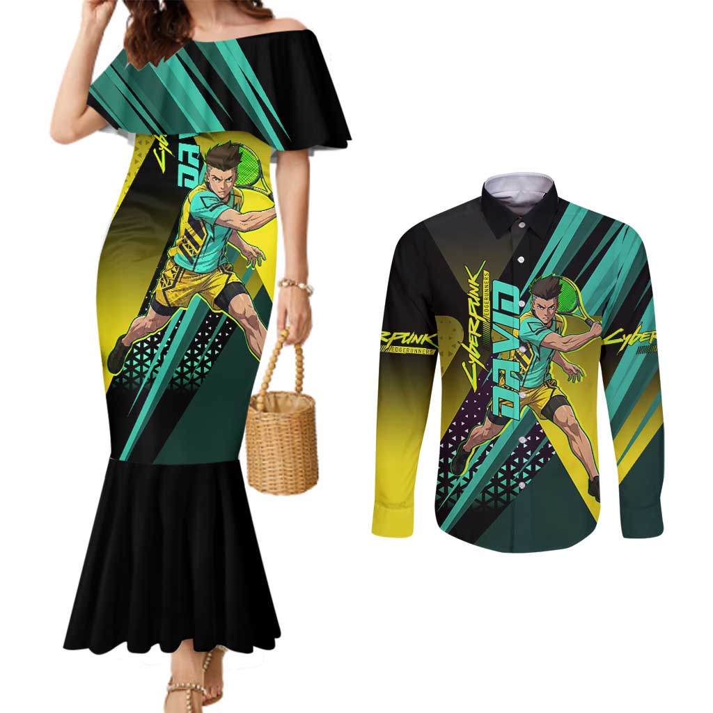 Personalized David Tennis Design Couples Matching Mermaid Dress and Long Sleeve Button Shirt with a Cyberpunk Theme, Edgerunners Features Neon Green and Yellow Styling and a Powerful Pose