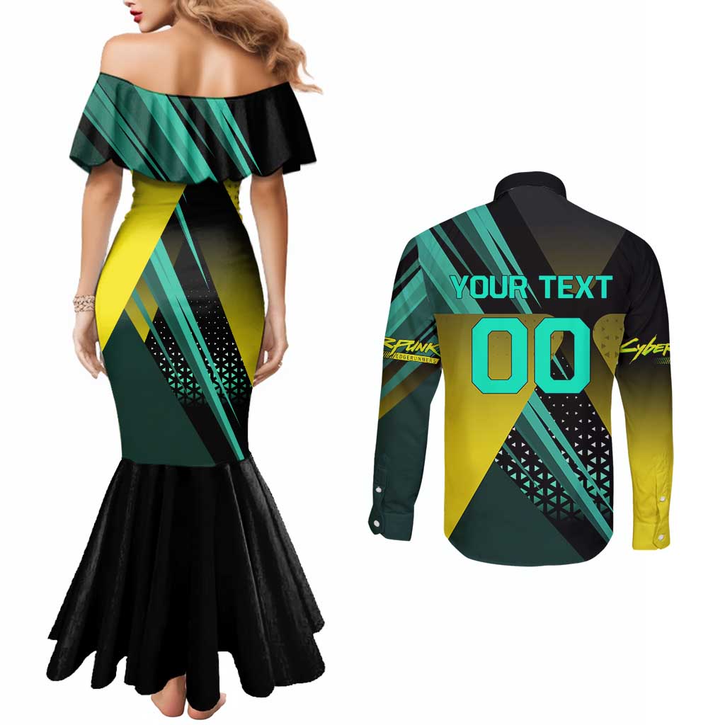 Personalized David Tennis Design Couples Matching Mermaid Dress and Long Sleeve Button Shirt with a Cyberpunk Theme, Edgerunners Features Neon Green and Yellow Styling and a Powerful Pose