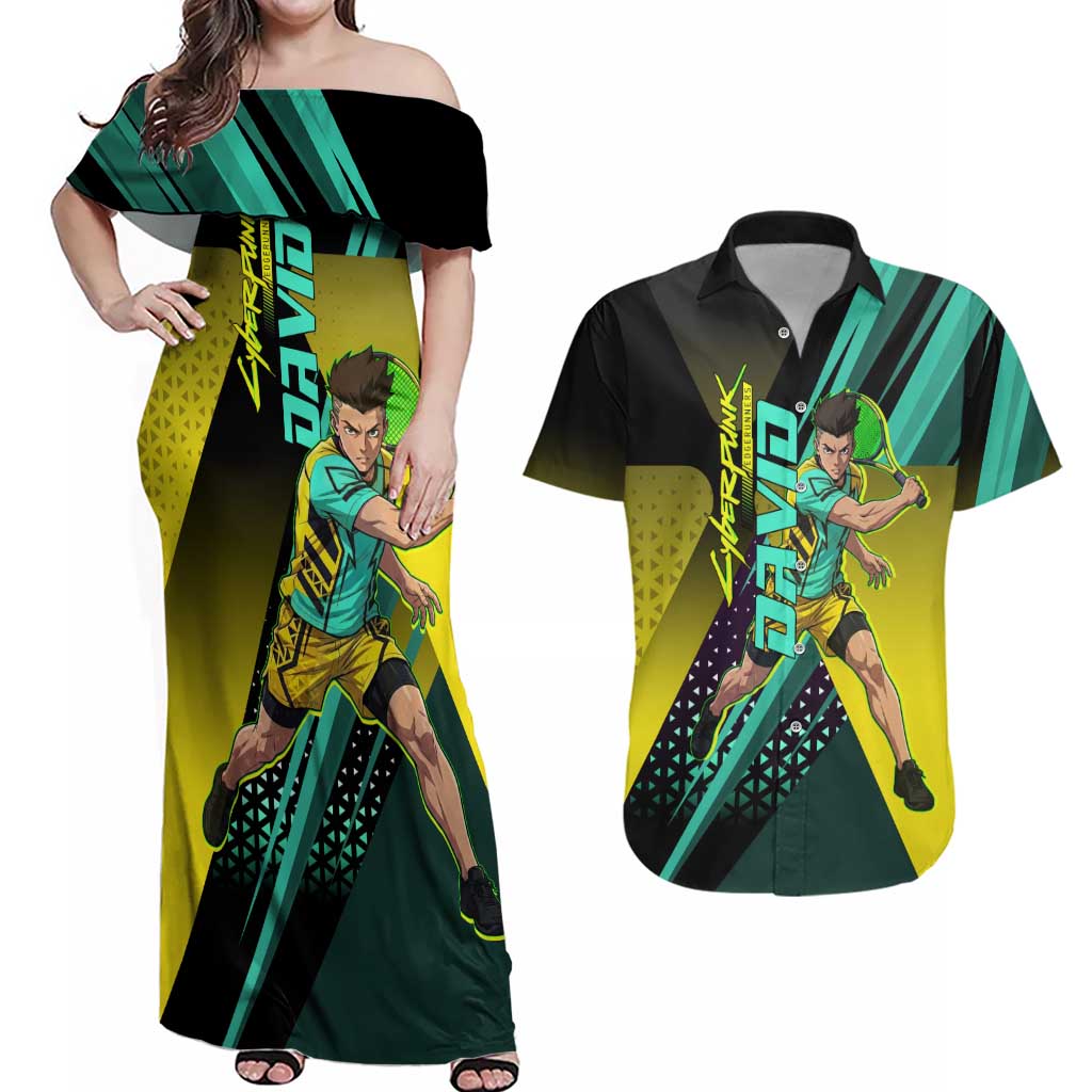 Personalized David Tennis Design Couples Matching Off Shoulder Maxi Dress and Hawaiian Shirt with a Cyberpunk Theme, Edgerunners Features Neon Green and Yellow Styling and a Powerful Pose