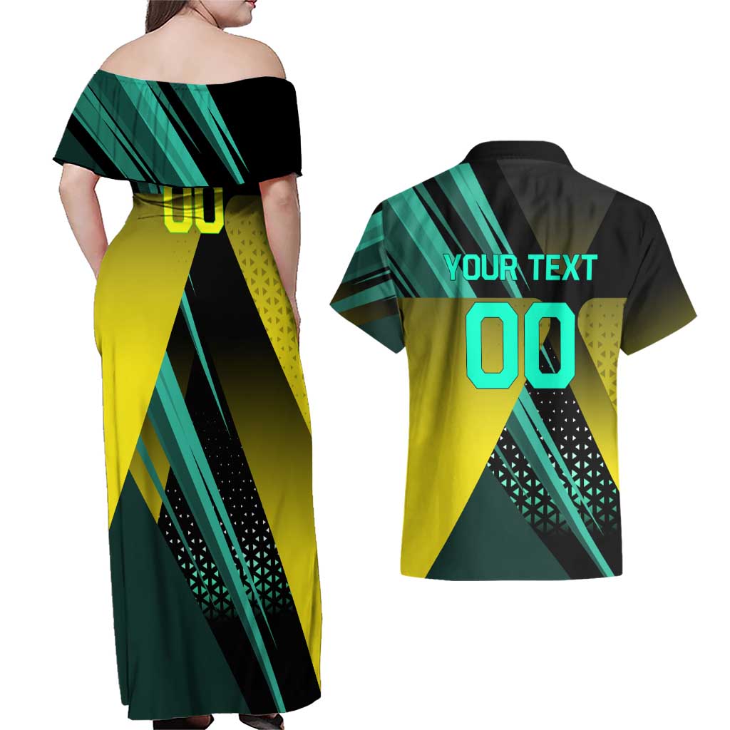 Personalized David Tennis Design Couples Matching Off Shoulder Maxi Dress and Hawaiian Shirt with a Cyberpunk Theme, Edgerunners Features Neon Green and Yellow Styling and a Powerful Pose