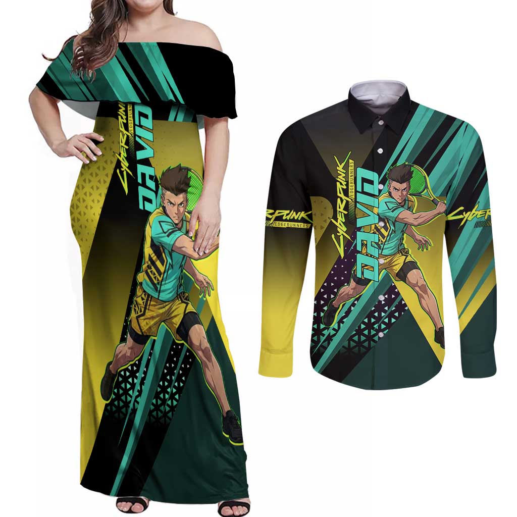 Personalized David Tennis Design Couples Matching Off Shoulder Maxi Dress and Long Sleeve Button Shirt with a Cyberpunk Theme, Edgerunners Features Neon Green and Yellow Styling and a Powerful Pose