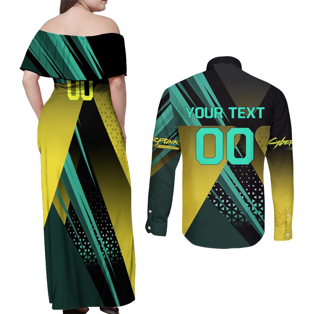 Personalized David Tennis Design Couples Matching Off Shoulder Maxi Dress and Long Sleeve Button Shirt with a Cyberpunk Theme, Edgerunners Features Neon Green and Yellow Styling and a Powerful Pose