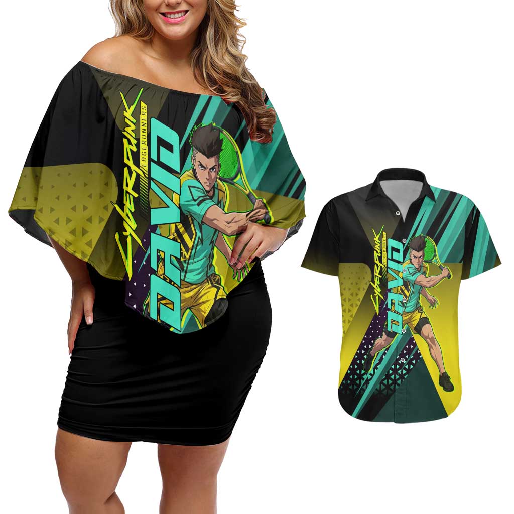 Personalized David Tennis Design Couples Matching Off Shoulder Short Dress and Hawaiian Shirt with a Cyberpunk Theme, Edgerunners Features Neon Green and Yellow Styling and a Powerful Pose