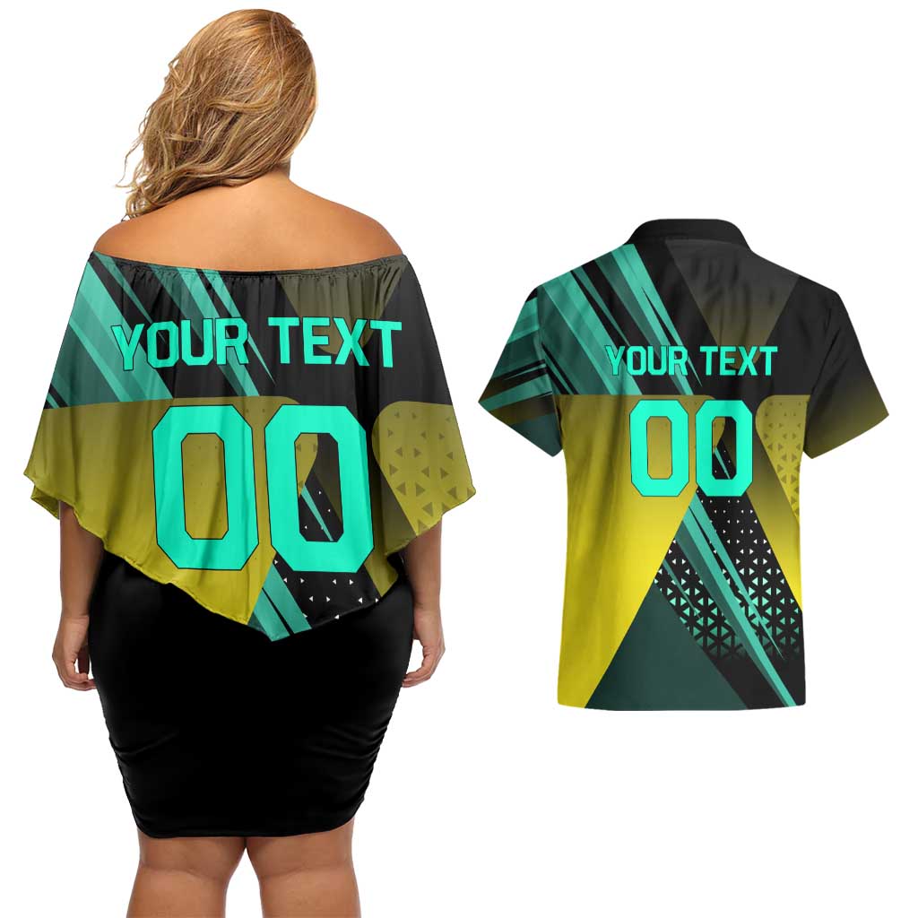 Personalized David Tennis Design Couples Matching Off Shoulder Short Dress and Hawaiian Shirt with a Cyberpunk Theme, Edgerunners Features Neon Green and Yellow Styling and a Powerful Pose
