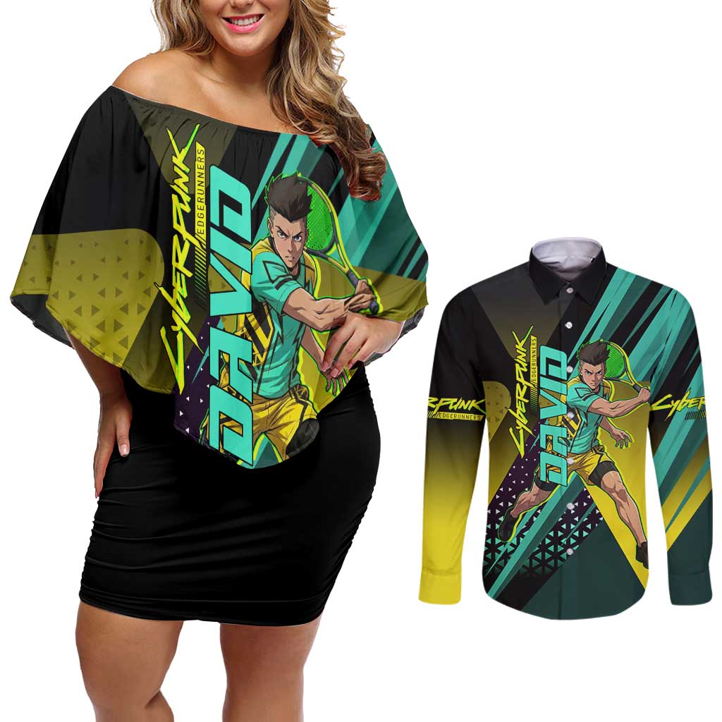 Personalized David Tennis Design Couples Matching Off Shoulder Short Dress and Long Sleeve Button Shirt with a Cyberpunk Theme, Edgerunners Features Neon Green and Yellow Styling and a Powerful Pose
