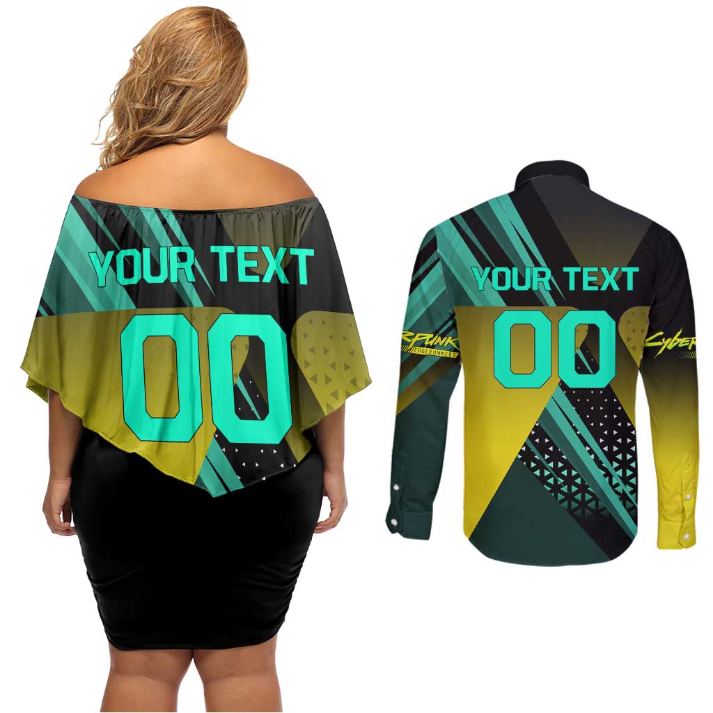 Personalized David Tennis Design Couples Matching Off Shoulder Short Dress and Long Sleeve Button Shirt with a Cyberpunk Theme, Edgerunners Features Neon Green and Yellow Styling and a Powerful Pose