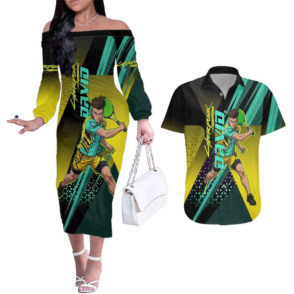 Personalized David Tennis Design Couples Matching Off The Shoulder Long Sleeve Dress and Hawaiian Shirt with a Cyberpunk Theme, Edgerunners Features Neon Green and Yellow Styling and a Powerful Pose