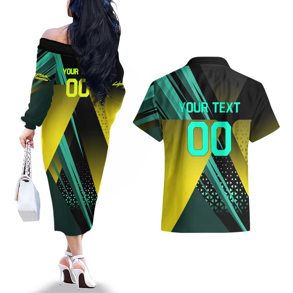 Personalized David Tennis Design Couples Matching Off The Shoulder Long Sleeve Dress and Hawaiian Shirt with a Cyberpunk Theme, Edgerunners Features Neon Green and Yellow Styling and a Powerful Pose