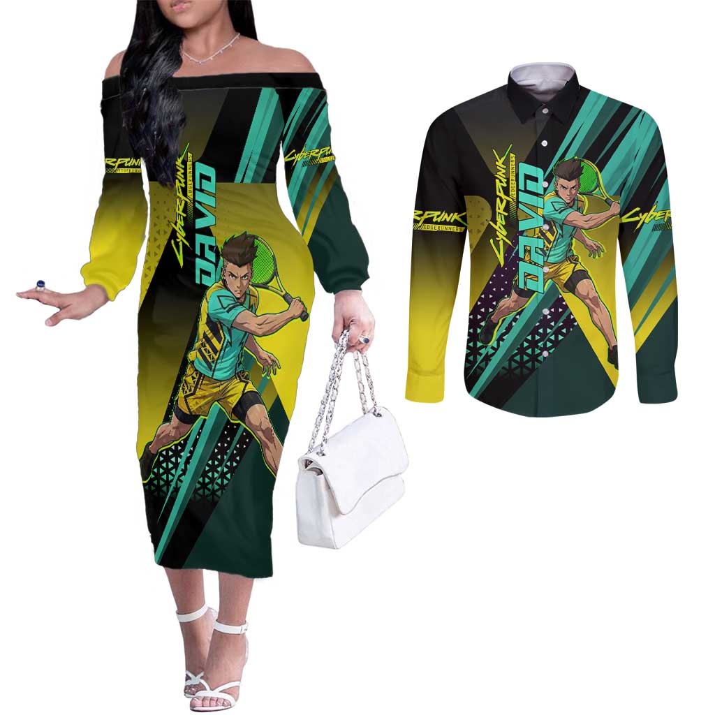 Personalized David Tennis Design Couples Matching Off The Shoulder Long Sleeve Dress and Long Sleeve Button Shirt with a Cyberpunk Theme, Edgerunners Features Neon Green and Yellow Styling and a Powerful Pose