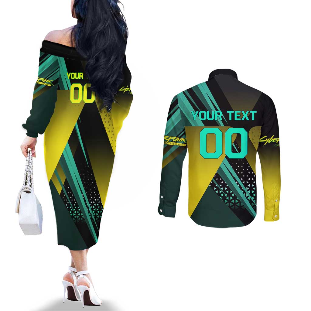 Personalized David Tennis Design Couples Matching Off The Shoulder Long Sleeve Dress and Long Sleeve Button Shirt with a Cyberpunk Theme, Edgerunners Features Neon Green and Yellow Styling and a Powerful Pose