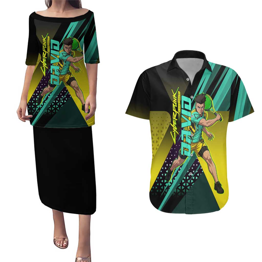 Personalized David Tennis Design Couples Matching Puletasi and Hawaiian Shirt with a Cyberpunk Theme, Edgerunners Features Neon Green and Yellow Styling and a Powerful Pose