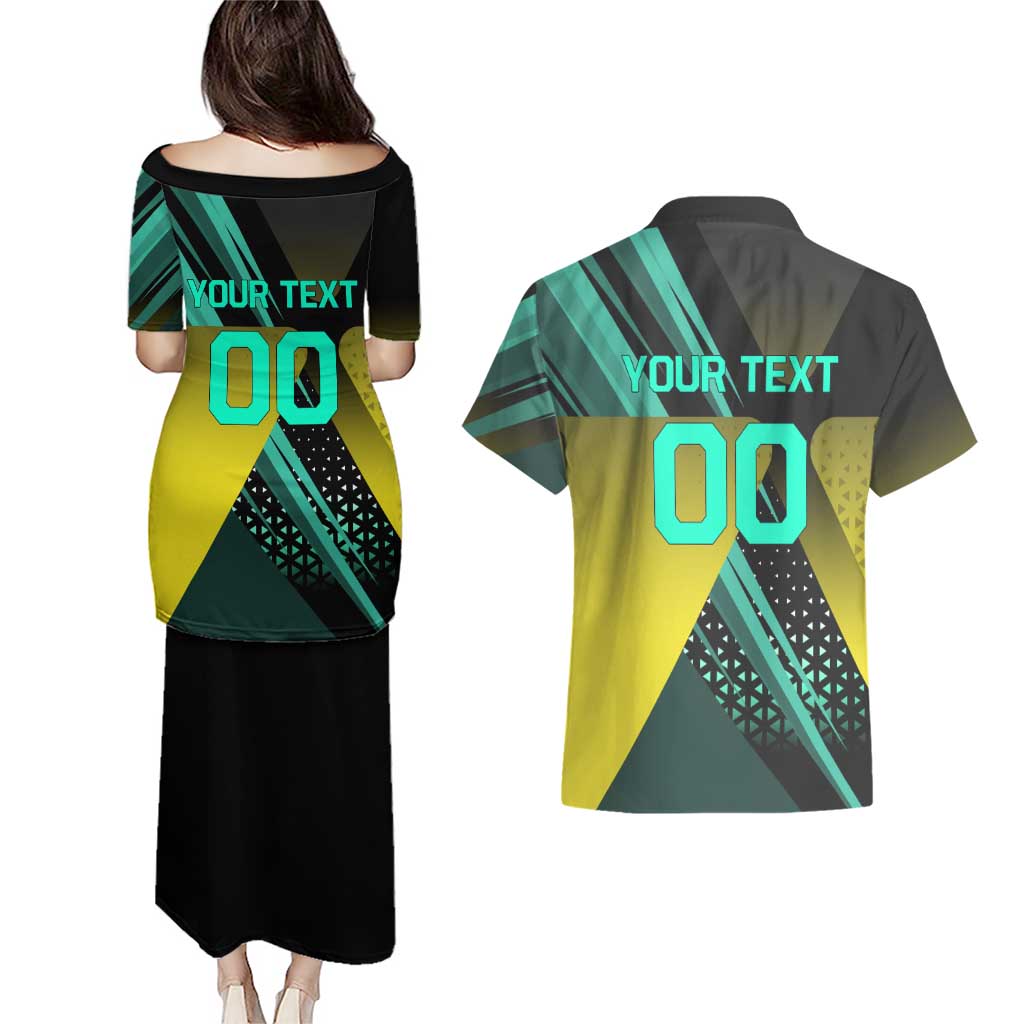 Personalized David Tennis Design Couples Matching Puletasi and Hawaiian Shirt with a Cyberpunk Theme, Edgerunners Features Neon Green and Yellow Styling and a Powerful Pose