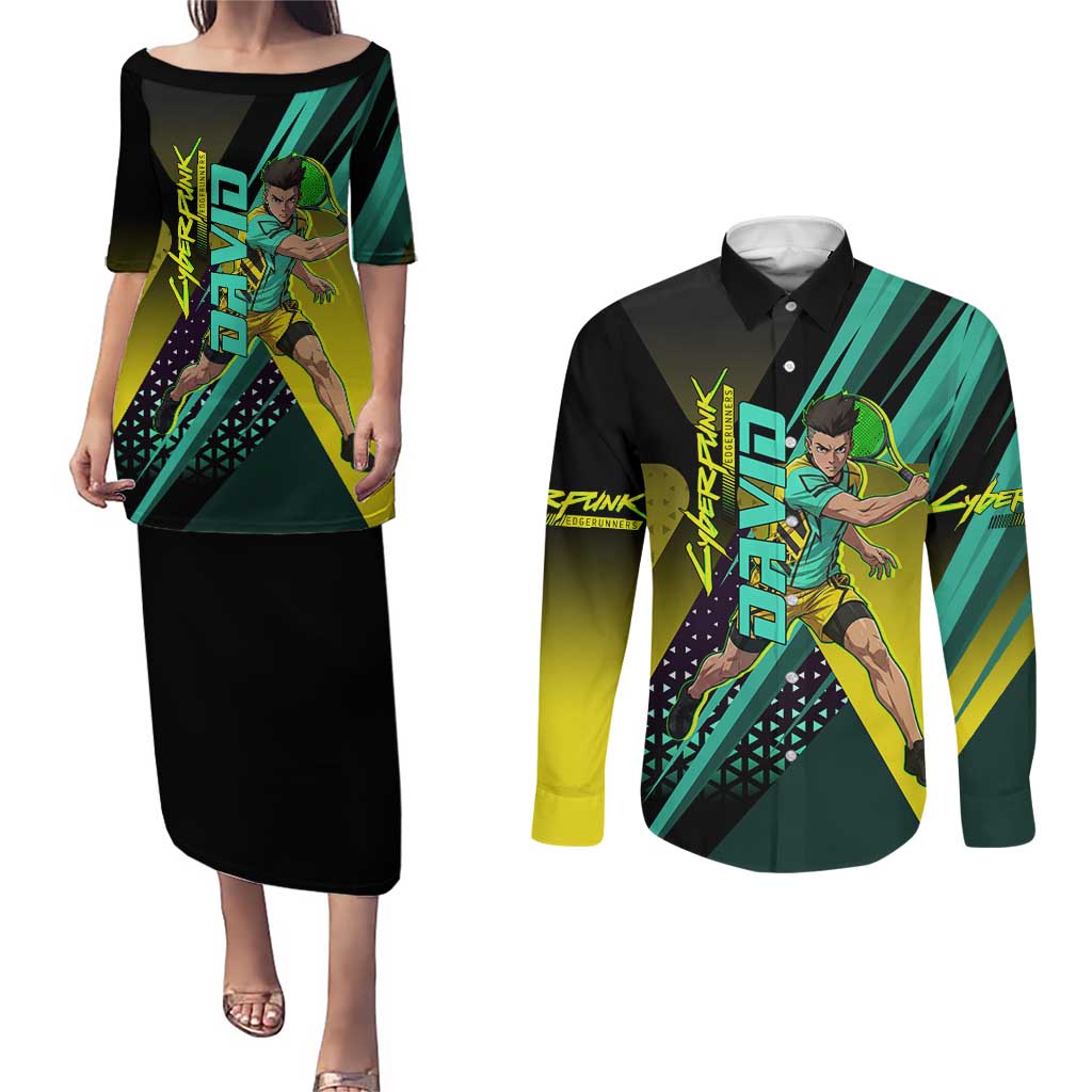Personalized David Tennis Design Couples Matching Puletasi and Long Sleeve Button Shirt with a Cyberpunk Theme, Edgerunners Features Neon Green and Yellow Styling and a Powerful Pose