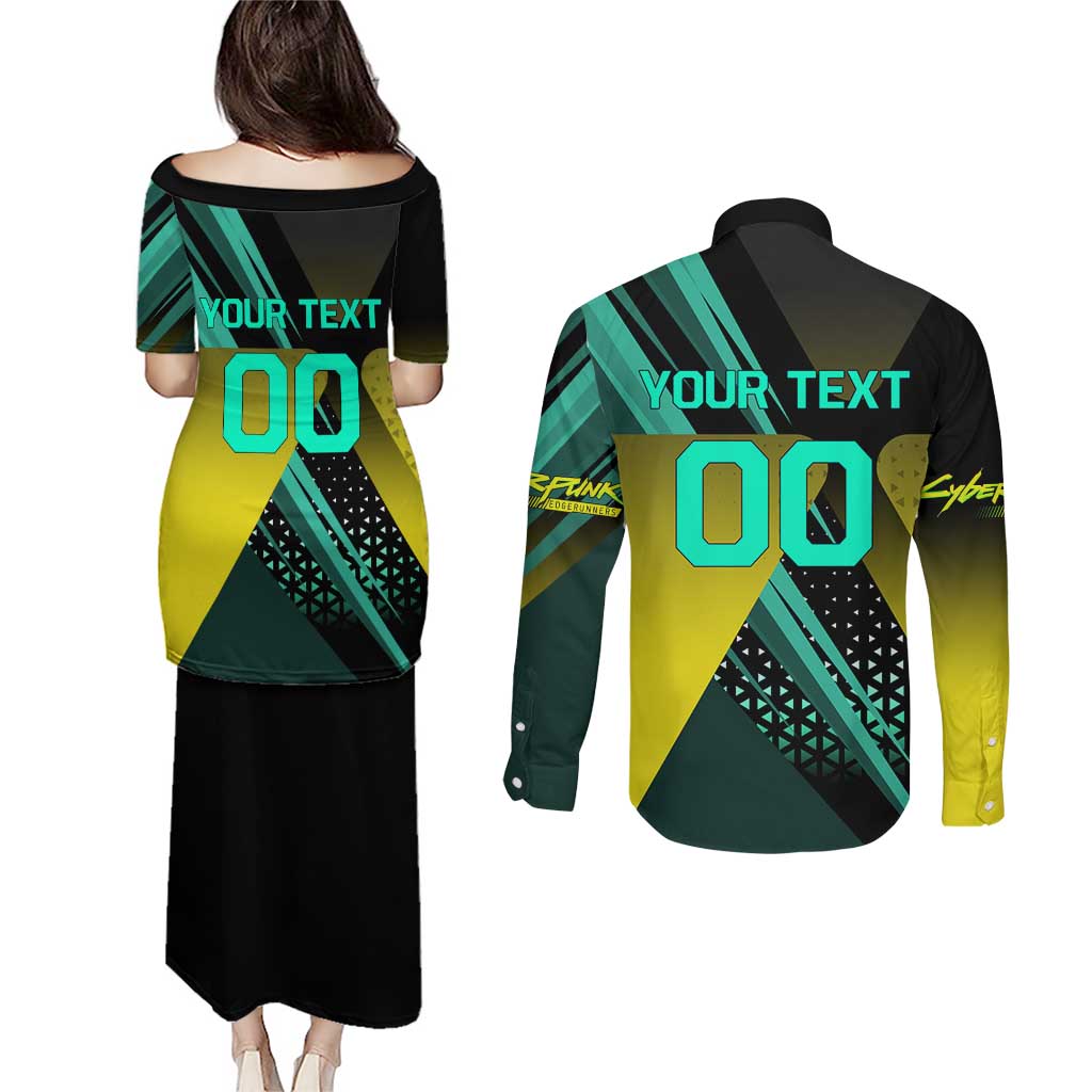 Personalized David Tennis Design Couples Matching Puletasi and Long Sleeve Button Shirt with a Cyberpunk Theme, Edgerunners Features Neon Green and Yellow Styling and a Powerful Pose