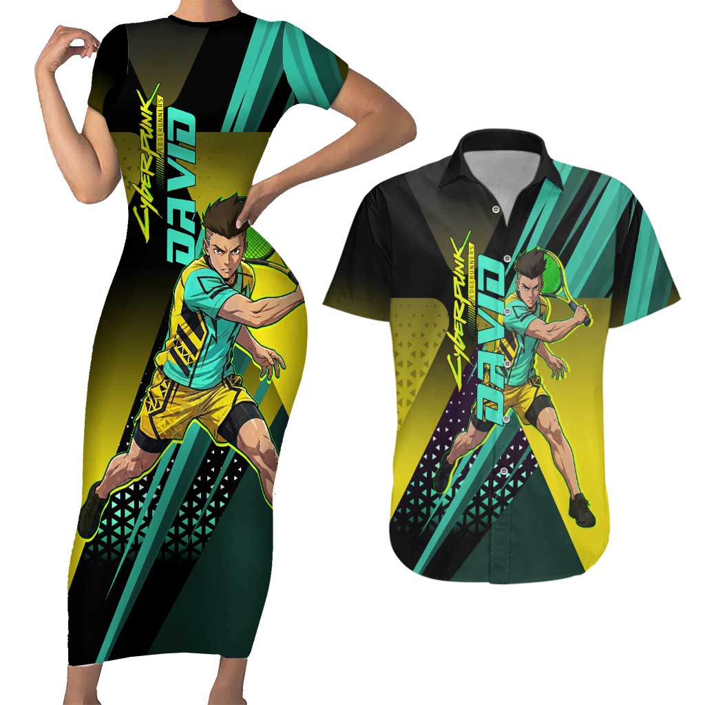 Personalized David Tennis Design Couples Matching Short Sleeve Bodycon Dress and Hawaiian Shirt with a Cyberpunk Theme, Edgerunners Features Neon Green and Yellow Styling and a Powerful Pose