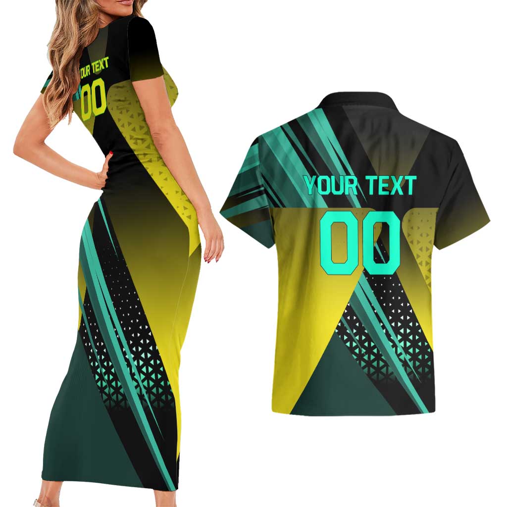 Personalized David Tennis Design Couples Matching Short Sleeve Bodycon Dress and Hawaiian Shirt with a Cyberpunk Theme, Edgerunners Features Neon Green and Yellow Styling and a Powerful Pose
