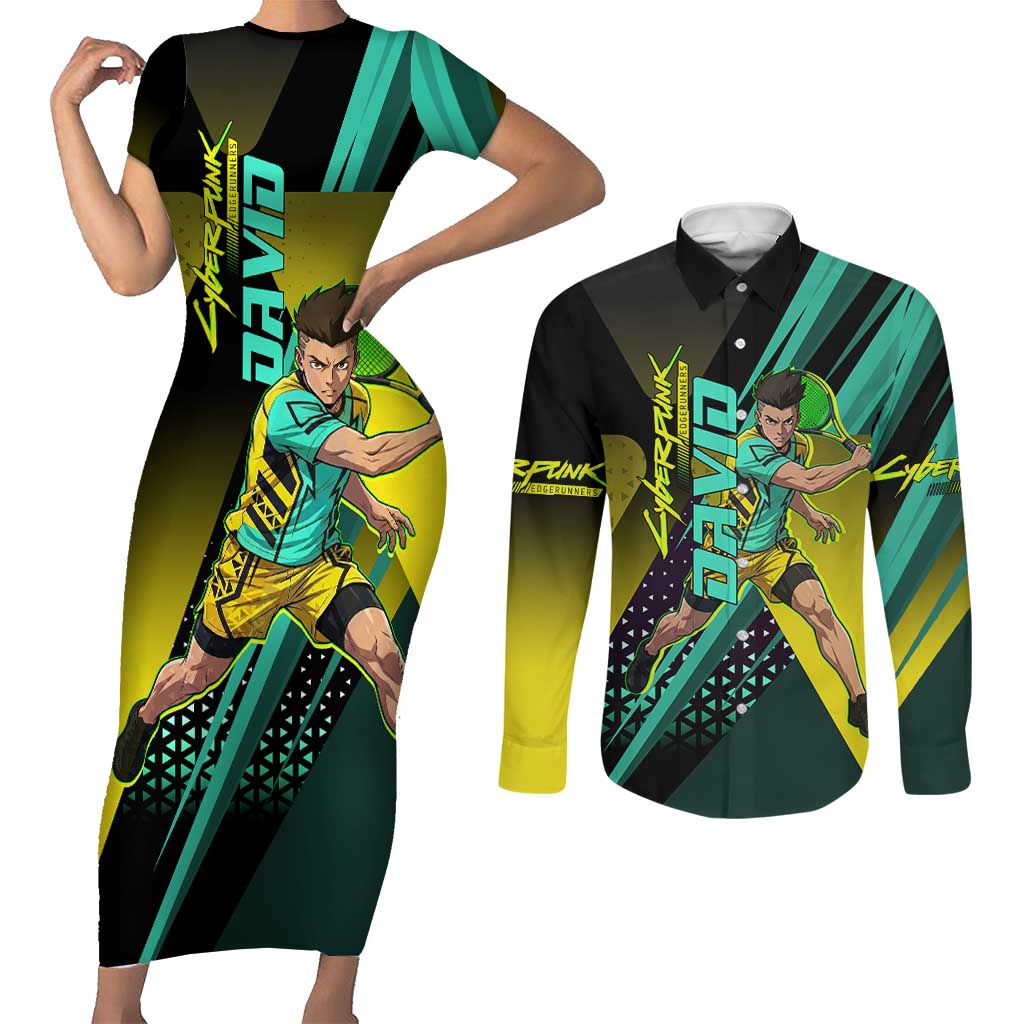 Personalized David Tennis Design Couples Matching Short Sleeve Bodycon Dress and Long Sleeve Button Shirt with a Cyberpunk Theme, Edgerunners Features Neon Green and Yellow Styling and a Powerful Pose