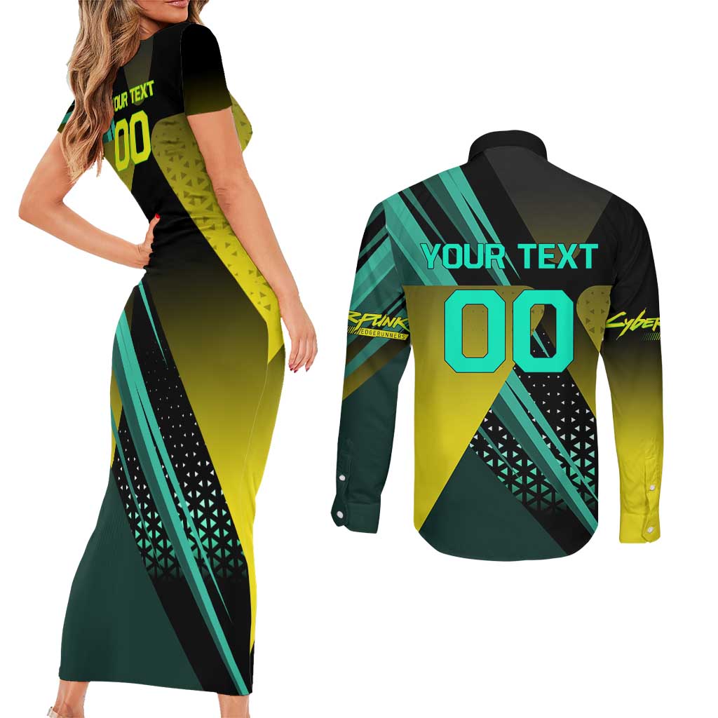 Personalized David Tennis Design Couples Matching Short Sleeve Bodycon Dress and Long Sleeve Button Shirt with a Cyberpunk Theme, Edgerunners Features Neon Green and Yellow Styling and a Powerful Pose