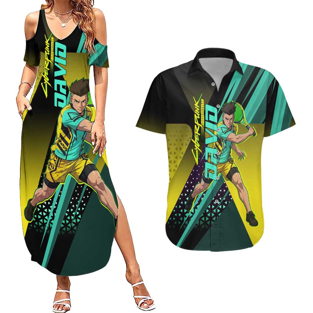 Personalized David Tennis Design Couples Matching Summer Maxi Dress and Hawaiian Shirt with a Cyberpunk Theme, Edgerunners Features Neon Green and Yellow Styling and a Powerful Pose