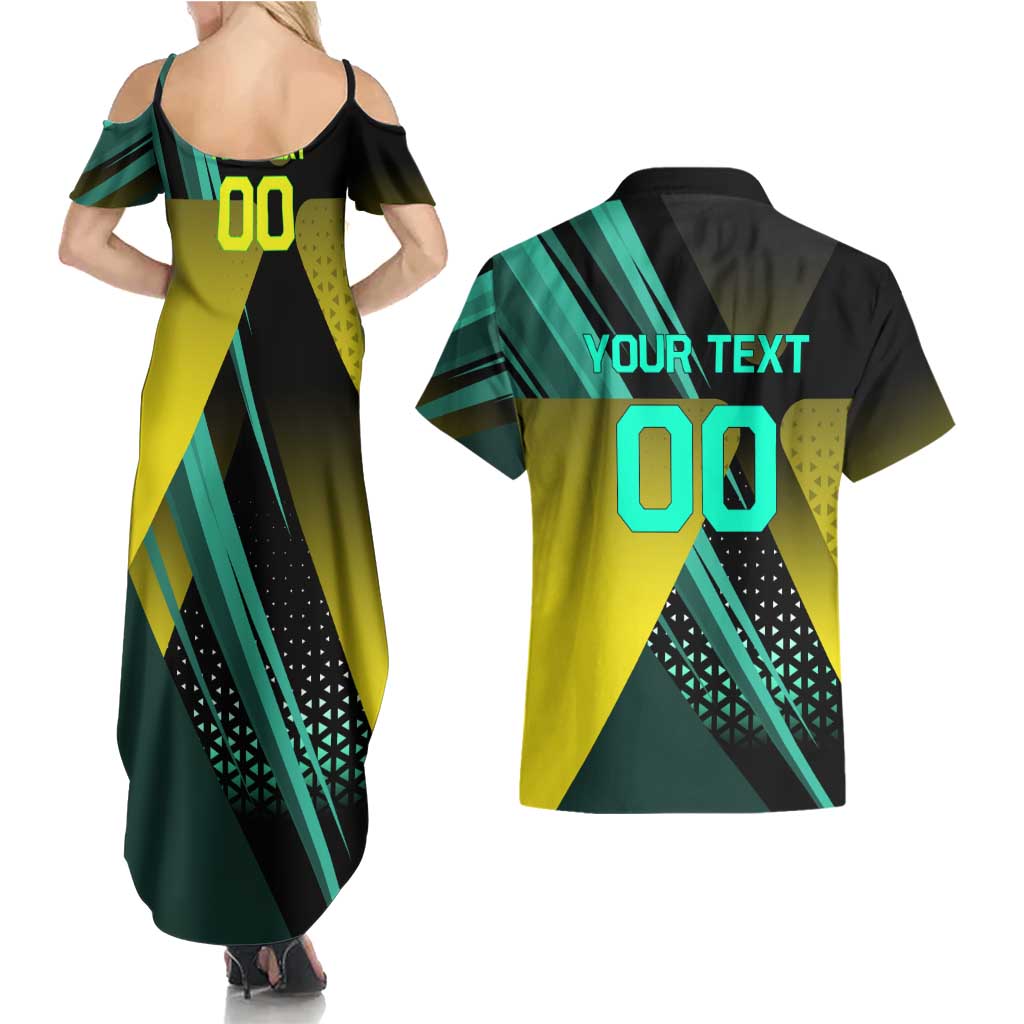 Personalized David Tennis Design Couples Matching Summer Maxi Dress and Hawaiian Shirt with a Cyberpunk Theme, Edgerunners Features Neon Green and Yellow Styling and a Powerful Pose
