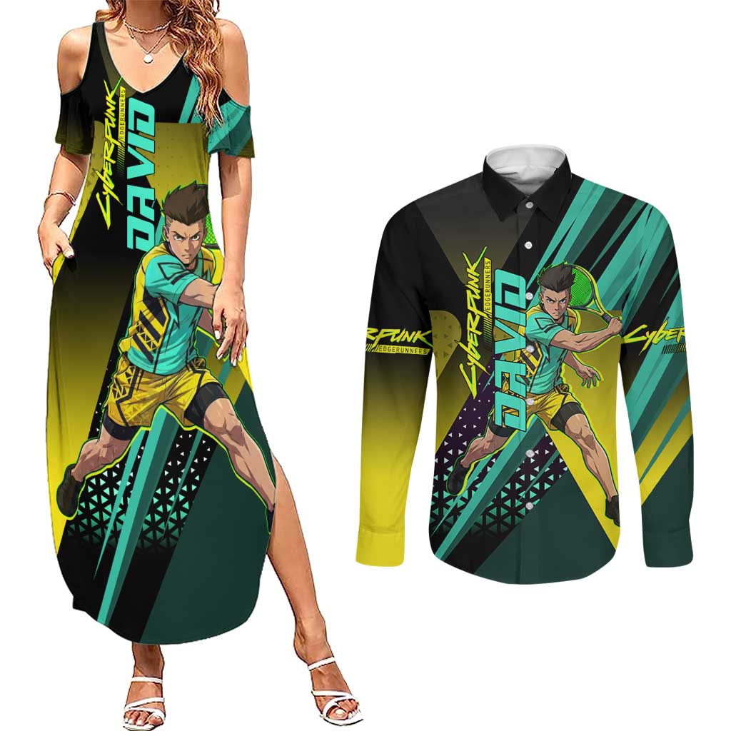 Personalized David Tennis Design Couples Matching Summer Maxi Dress and Long Sleeve Button Shirt with a Cyberpunk Theme, Edgerunners Features Neon Green and Yellow Styling and a Powerful Pose