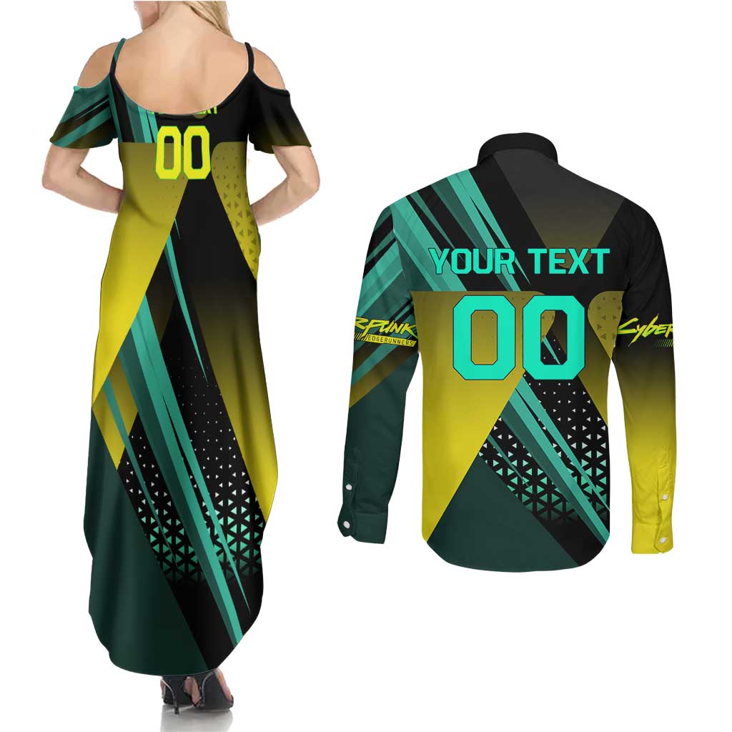 Personalized David Tennis Design Couples Matching Summer Maxi Dress and Long Sleeve Button Shirt with a Cyberpunk Theme, Edgerunners Features Neon Green and Yellow Styling and a Powerful Pose