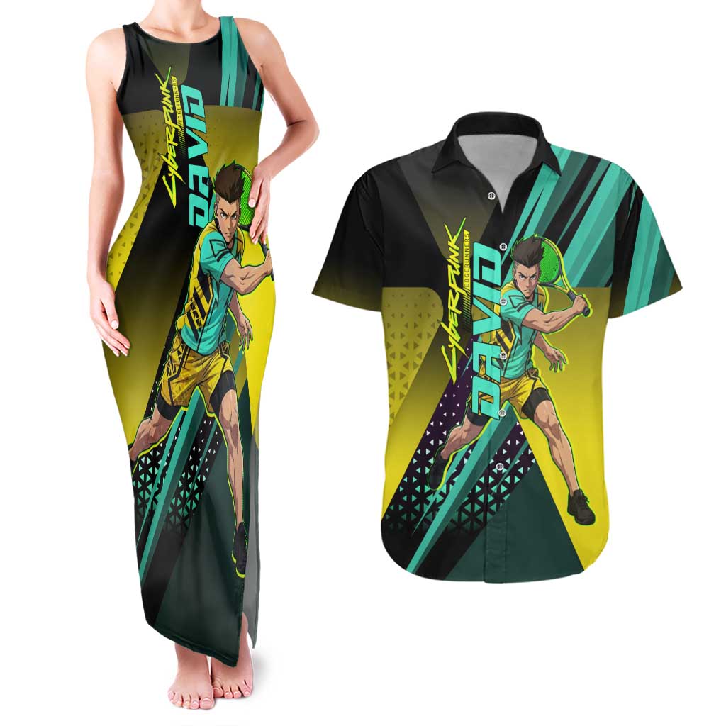 Personalized David Tennis Design Couples Matching Tank Maxi Dress and Hawaiian Shirt with a Cyberpunk Theme, Edgerunners Features Neon Green and Yellow Styling and a Powerful Pose