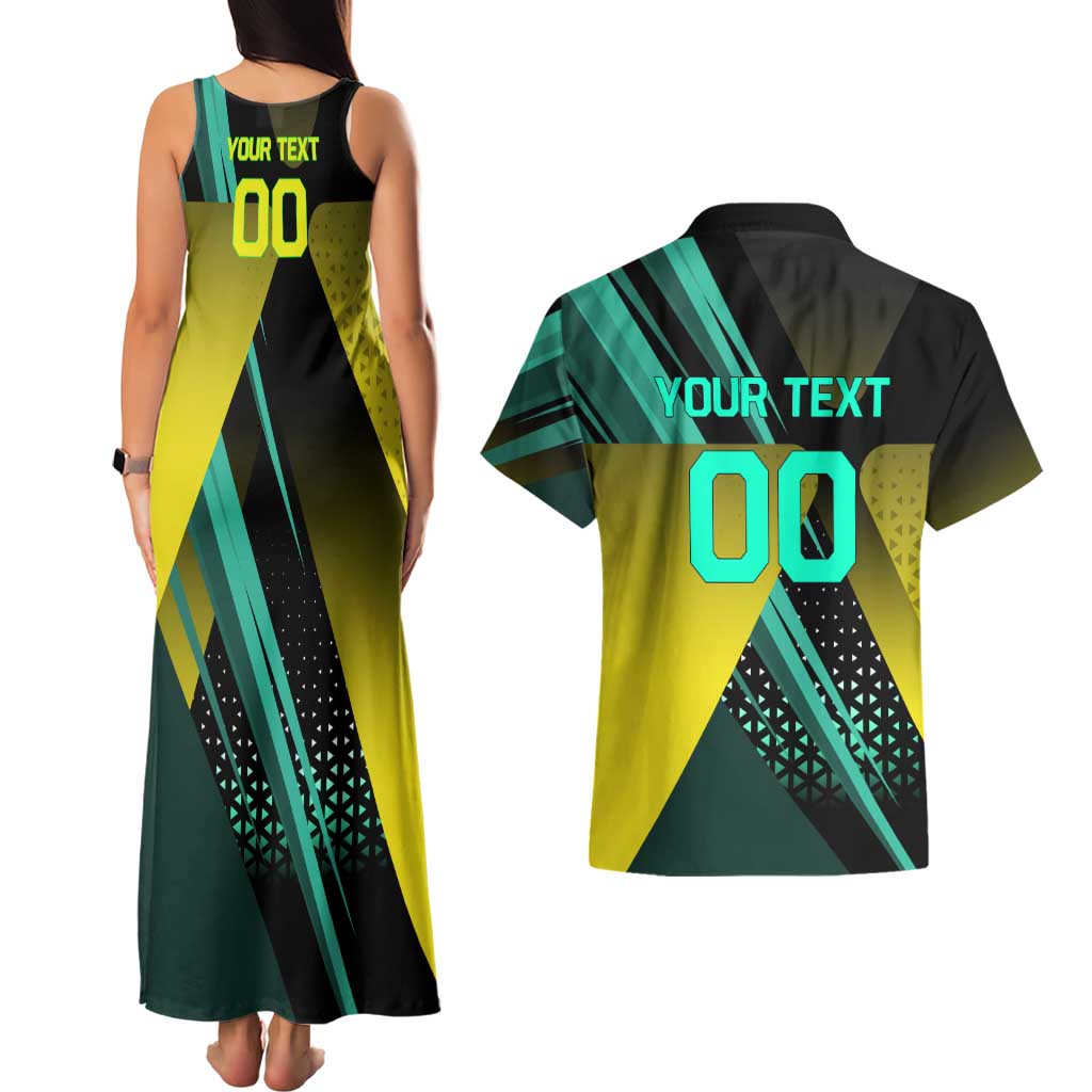 Personalized David Tennis Design Couples Matching Tank Maxi Dress and Hawaiian Shirt with a Cyberpunk Theme, Edgerunners Features Neon Green and Yellow Styling and a Powerful Pose
