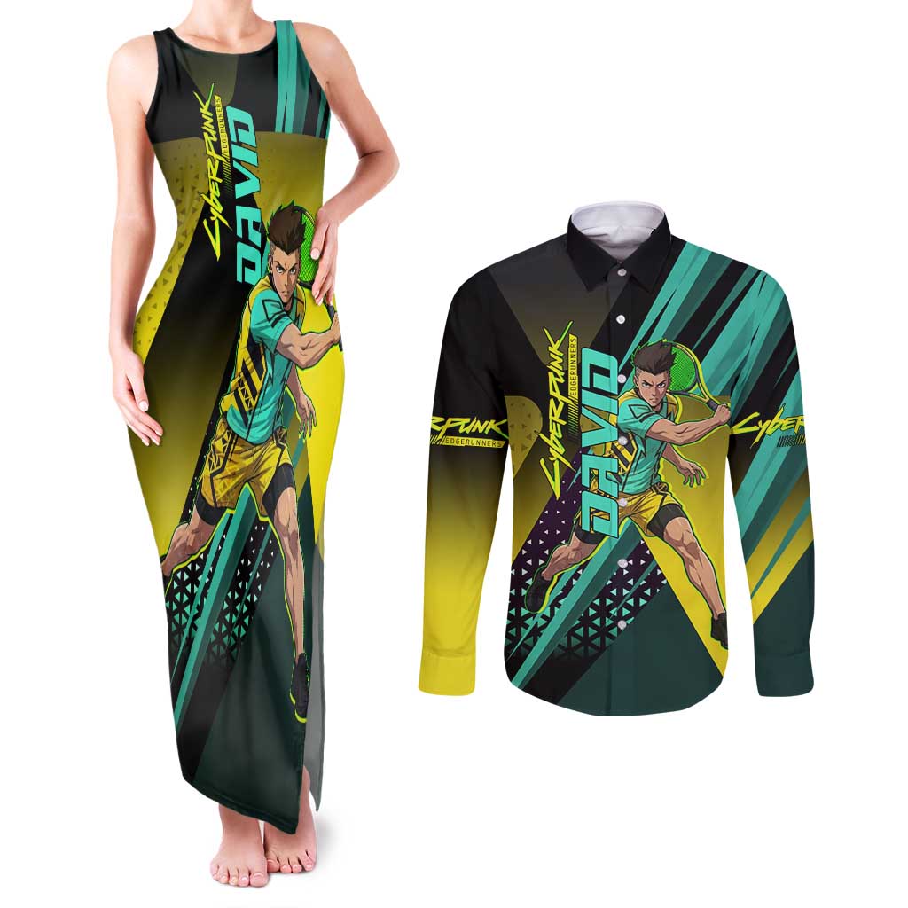 Personalized David Tennis Design Couples Matching Tank Maxi Dress and Long Sleeve Button Shirt with a Cyberpunk Theme, Edgerunners Features Neon Green and Yellow Styling and a Powerful Pose