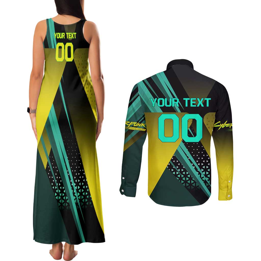 Personalized David Tennis Design Couples Matching Tank Maxi Dress and Long Sleeve Button Shirt with a Cyberpunk Theme, Edgerunners Features Neon Green and Yellow Styling and a Powerful Pose