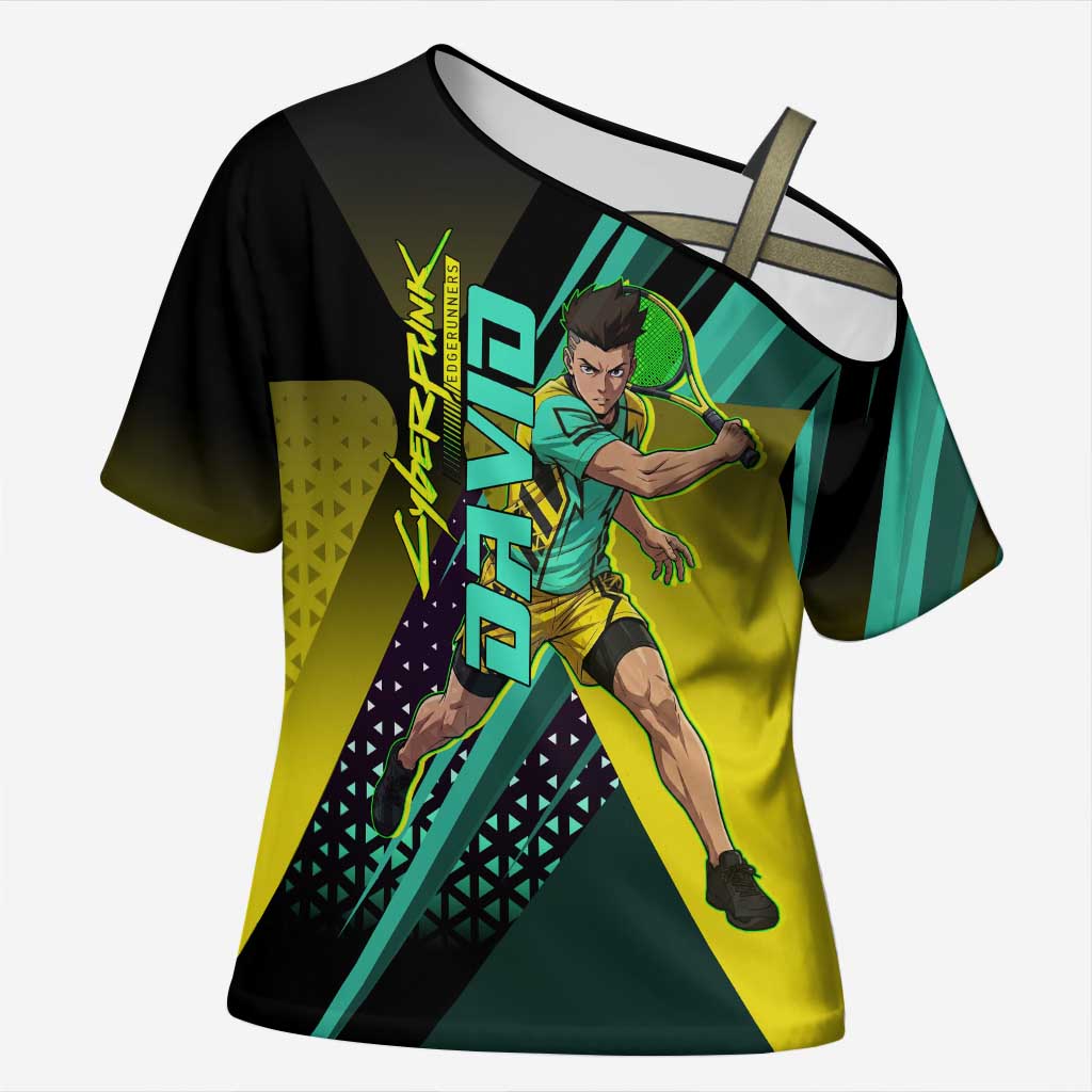 Personalized David Tennis Design Cross Shoulder Shirt with a Cyberpunk Theme, Edgerunners Features Neon Green and Yellow Styling and a Powerful Pose