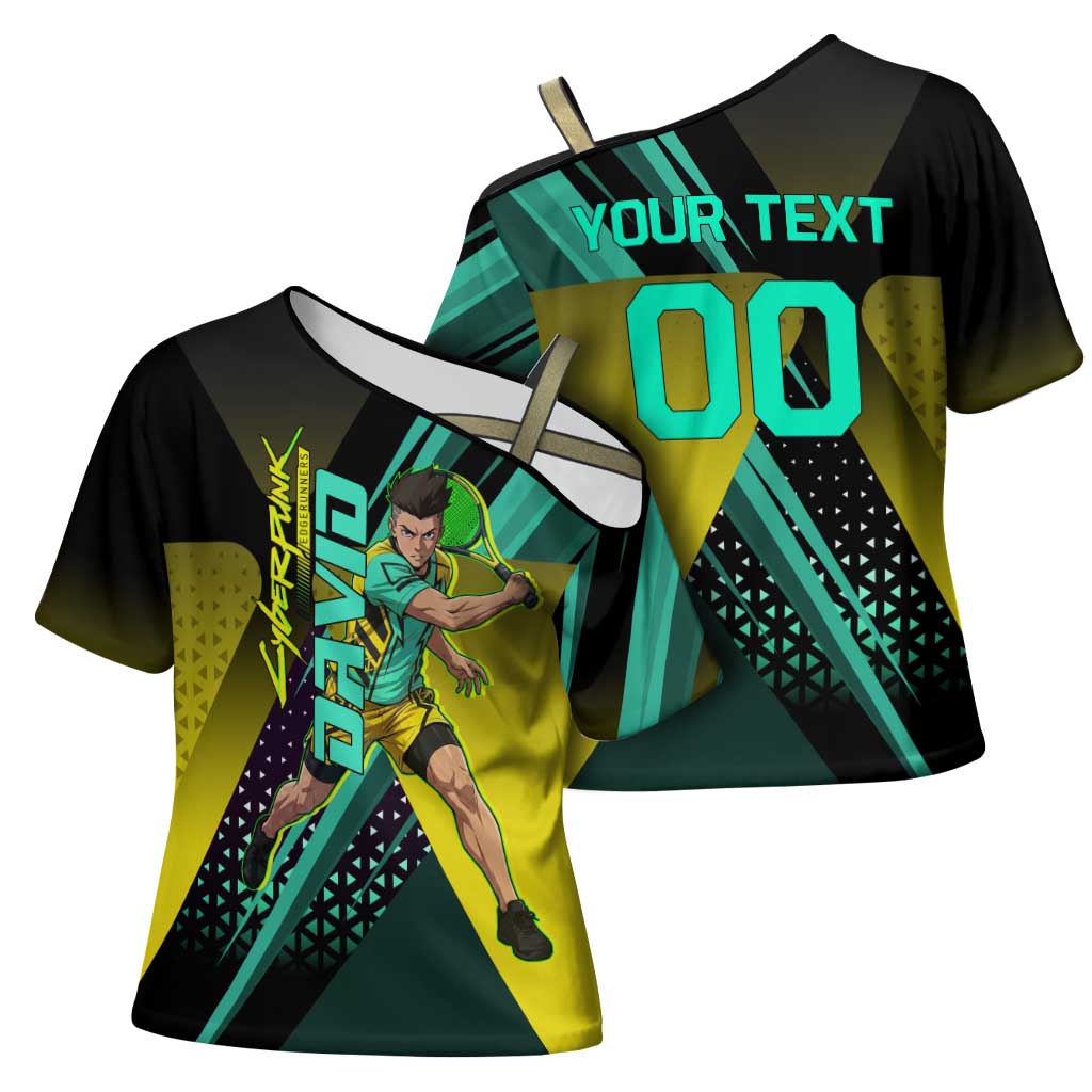 Personalized David Tennis Design Cross Shoulder Shirt with a Cyberpunk Theme, Edgerunners Features Neon Green and Yellow Styling and a Powerful Pose