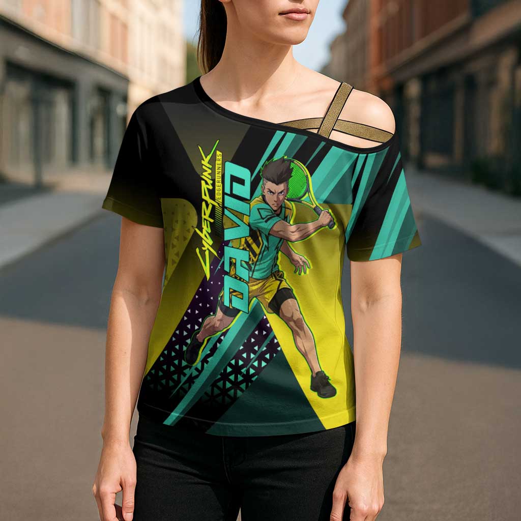 Personalized David Tennis Design Cross Shoulder Shirt with a Cyberpunk Theme, Edgerunners Features Neon Green and Yellow Styling and a Powerful Pose