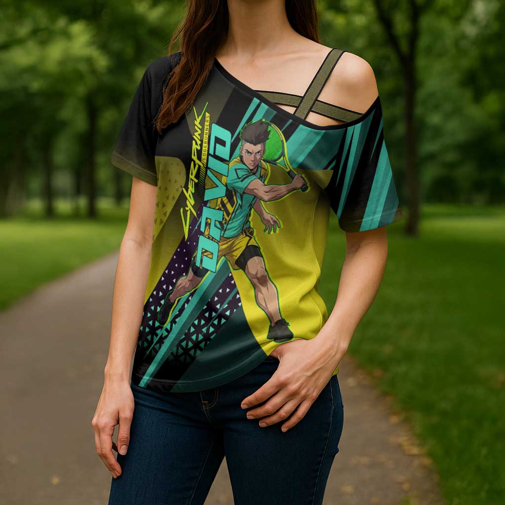 Personalized David Tennis Design Cross Shoulder Shirt with a Cyberpunk Theme, Edgerunners Features Neon Green and Yellow Styling and a Powerful Pose