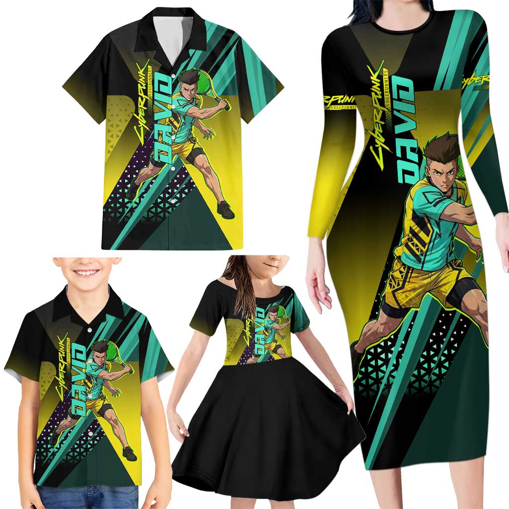 Personalized David Tennis Design Family Matching Long Sleeve Bodycon Dress and Hawaiian Shirt with a Cyberpunk Theme, Edgerunners Features Neon Green and Yellow Styling and a Powerful Pose