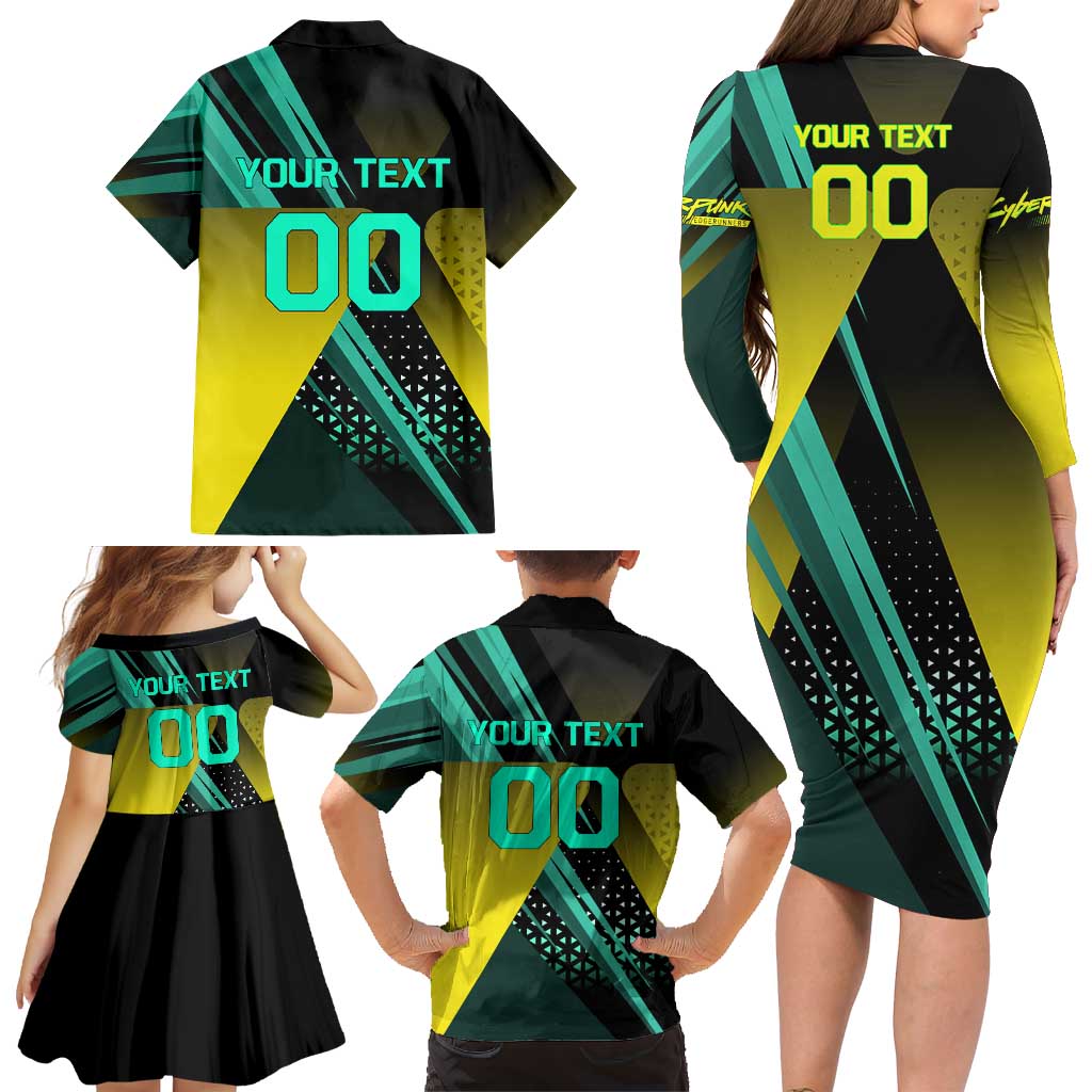 Personalized David Tennis Design Family Matching Long Sleeve Bodycon Dress and Hawaiian Shirt with a Cyberpunk Theme, Edgerunners Features Neon Green and Yellow Styling and a Powerful Pose