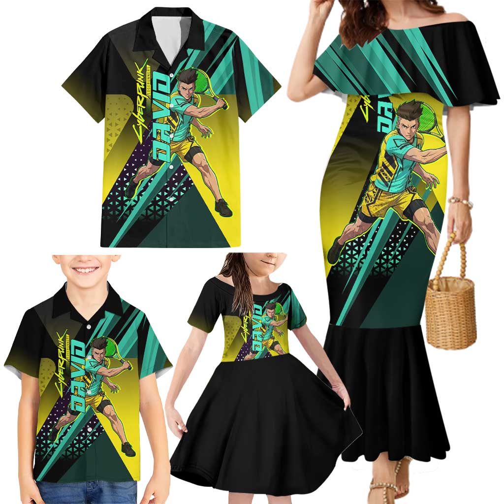 Personalized David Tennis Design Family Matching Mermaid Dress and Hawaiian Shirt with a Cyberpunk Theme, Edgerunners Features Neon Green and Yellow Styling and a Powerful Pose