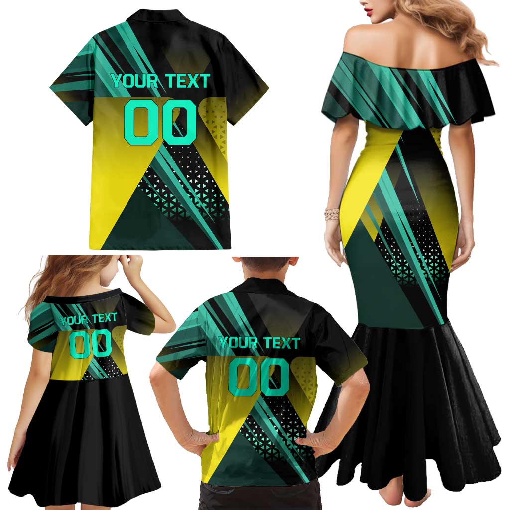 Personalized David Tennis Design Family Matching Mermaid Dress and Hawaiian Shirt with a Cyberpunk Theme, Edgerunners Features Neon Green and Yellow Styling and a Powerful Pose