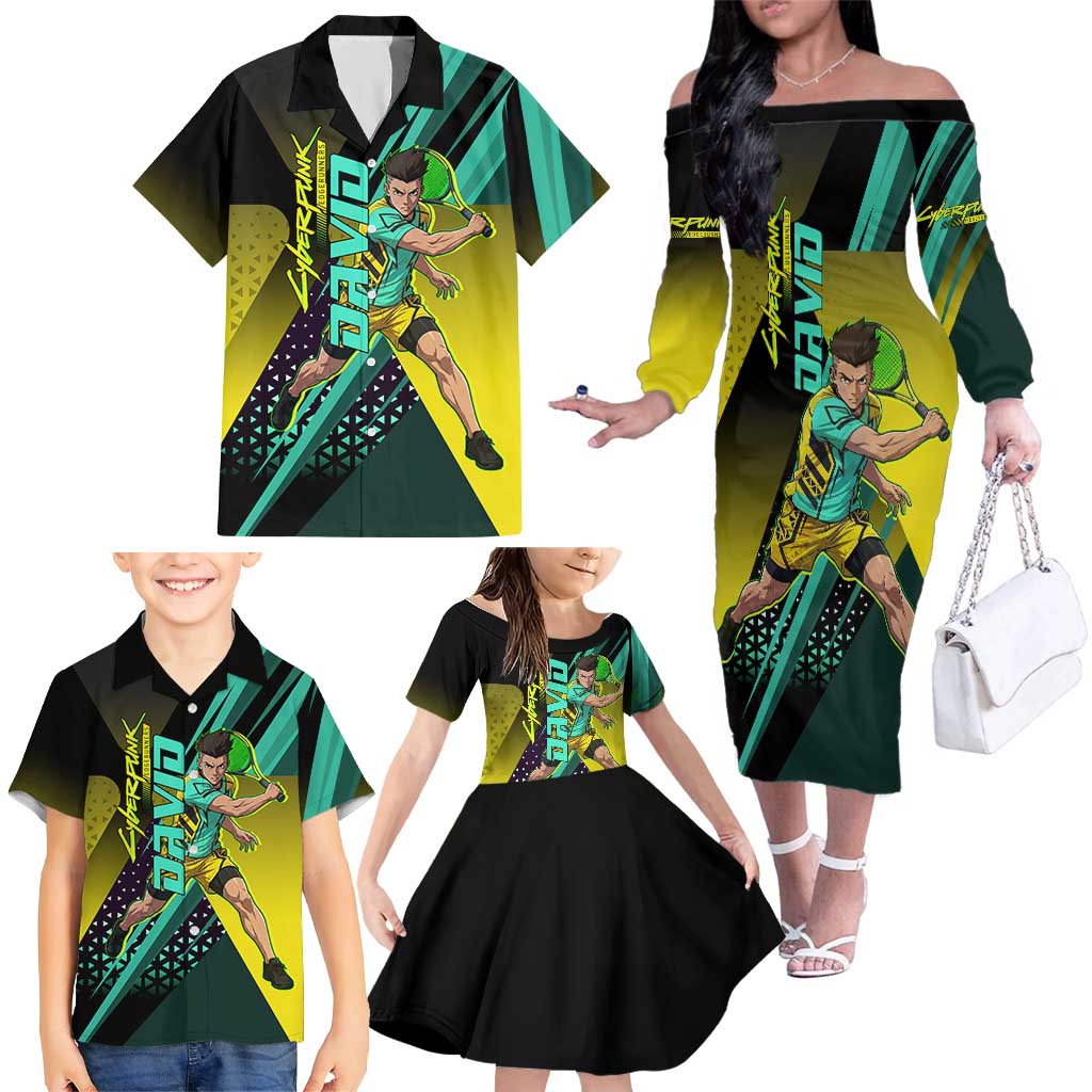 Personalized David Tennis Design Family Matching Off The Shoulder Long Sleeve Dress and Hawaiian Shirt with a Cyberpunk Theme, Edgerunners Features Neon Green and Yellow Styling and a Powerful Pose