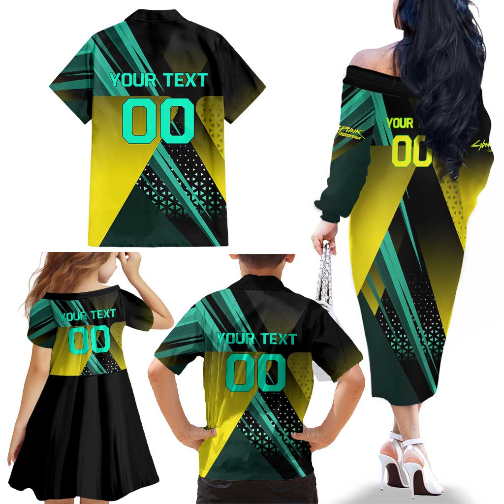 Personalized David Tennis Design Family Matching Off The Shoulder Long Sleeve Dress and Hawaiian Shirt with a Cyberpunk Theme, Edgerunners Features Neon Green and Yellow Styling and a Powerful Pose