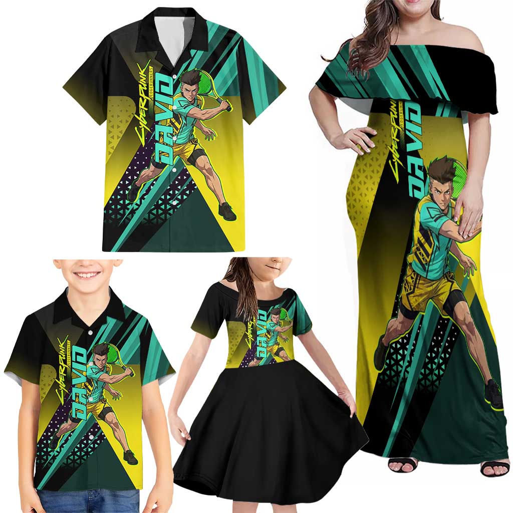 Personalized David Tennis Design Family Matching Off Shoulder Maxi Dress and Hawaiian Shirt with a Cyberpunk Theme, Edgerunners Features Neon Green and Yellow Styling and a Powerful Pose