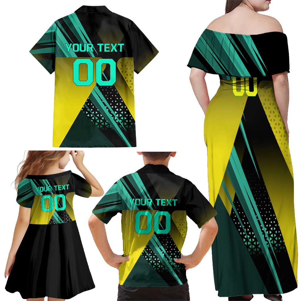 Personalized David Tennis Design Family Matching Off Shoulder Maxi Dress and Hawaiian Shirt with a Cyberpunk Theme, Edgerunners Features Neon Green and Yellow Styling and a Powerful Pose