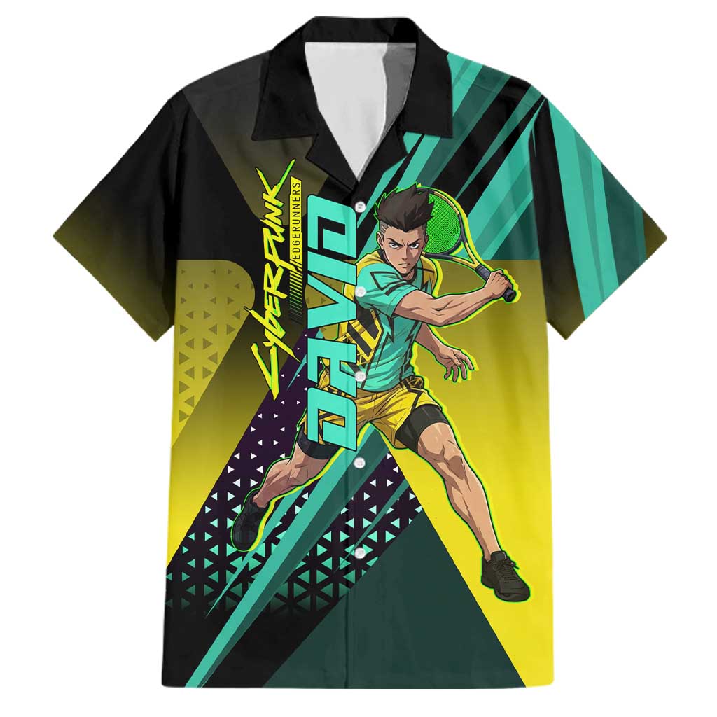 Personalized David Tennis Design Family Matching Off Shoulder Maxi Dress and Hawaiian Shirt with a Cyberpunk Theme, Edgerunners Features Neon Green and Yellow Styling and a Powerful Pose