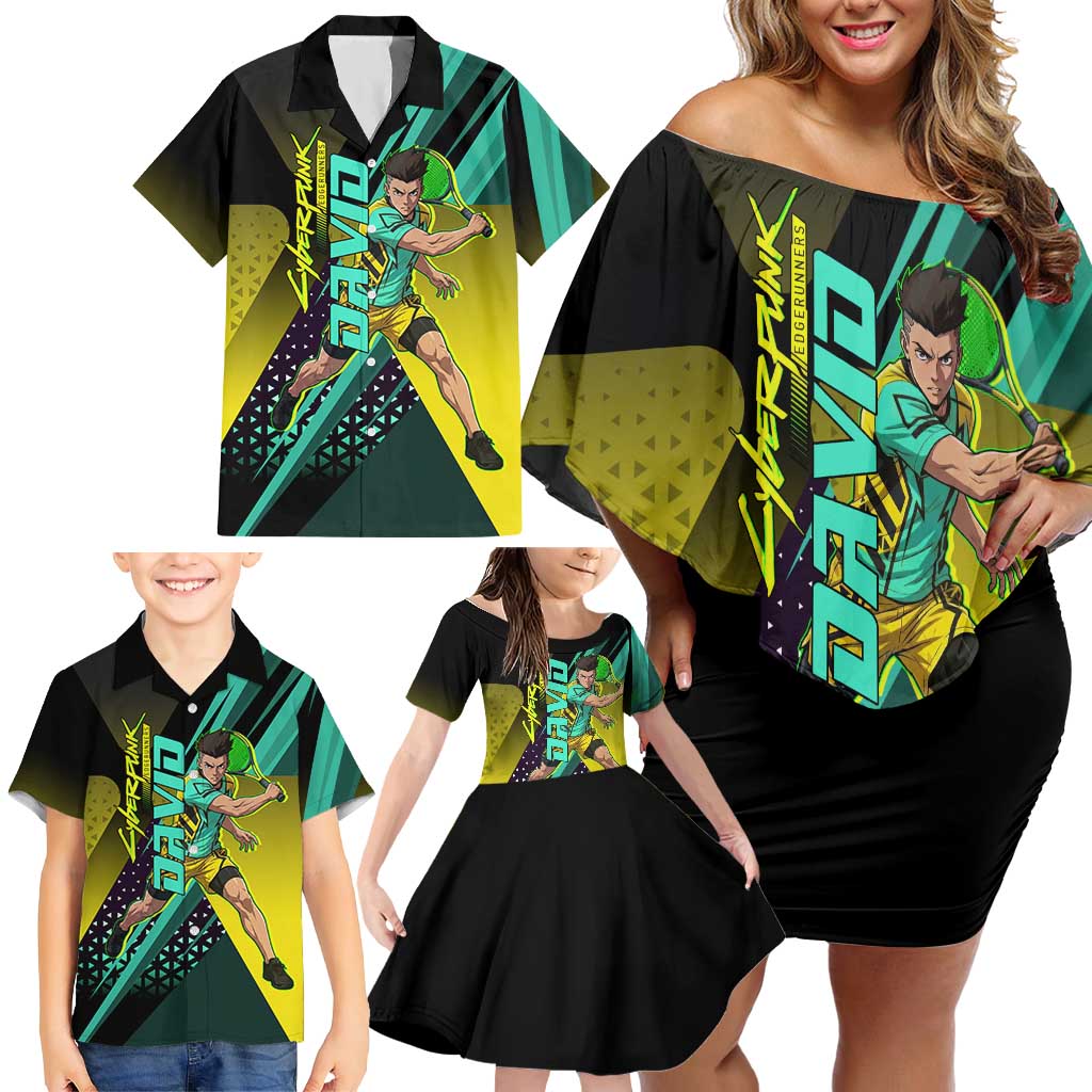 Personalized David Tennis Design Family Matching Off Shoulder Short Dress and Hawaiian Shirt with a Cyberpunk Theme, Edgerunners Features Neon Green and Yellow Styling and a Powerful Pose